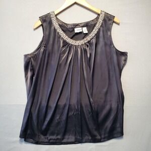 Chicos Beaded Tank Top Womens XL Black Satin Sleeveless Glam Party Chic Evening